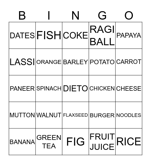 NUTRITION BINGO Card