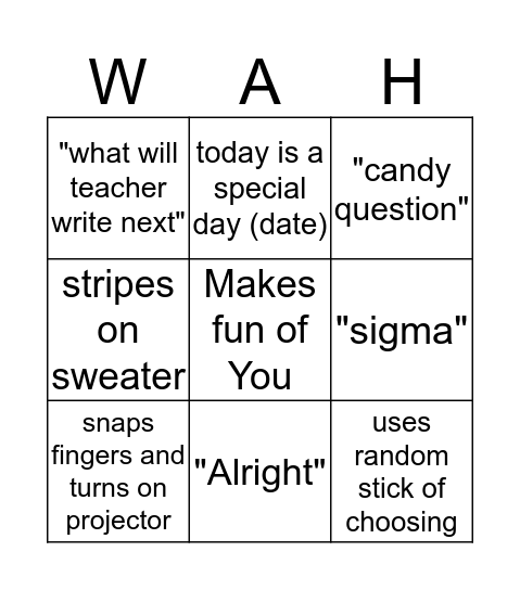 Sahler Stats Bingo Card