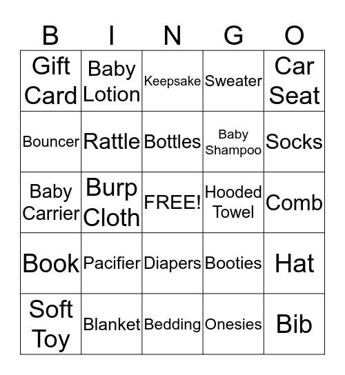 Rachel's Baby Gift Bingo Card