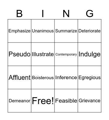 Vocabulary BINGO  Bingo Card