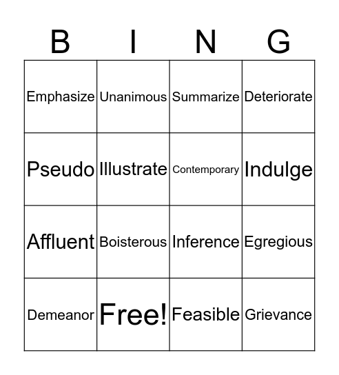 Vocabulary BINGO  Bingo Card