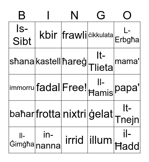 Il-ġelat Bingo Card