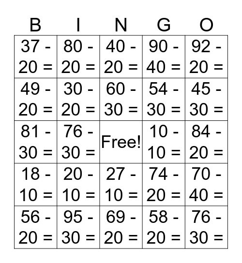 Subtracting Multiples of 10 Bingo Card