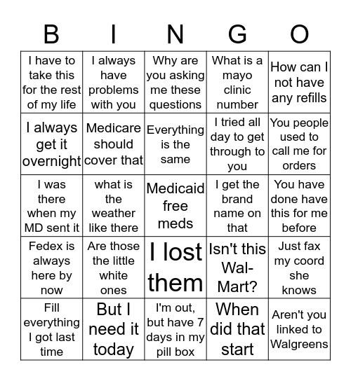 The things Patients say Bingo Card