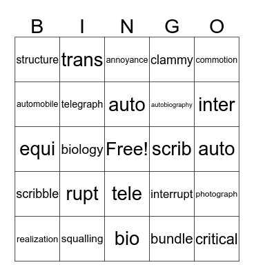 Vocab and Roots lesson 9 Bingo Card