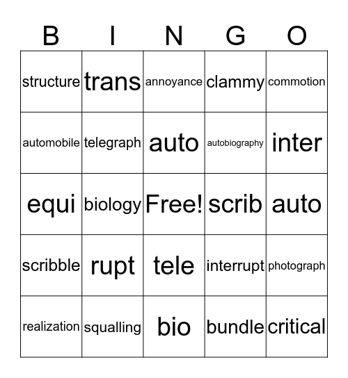 Vocab and Roots lesson 9 Bingo Card