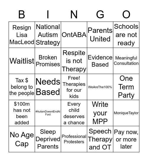 #AutismProtest Bingo Card