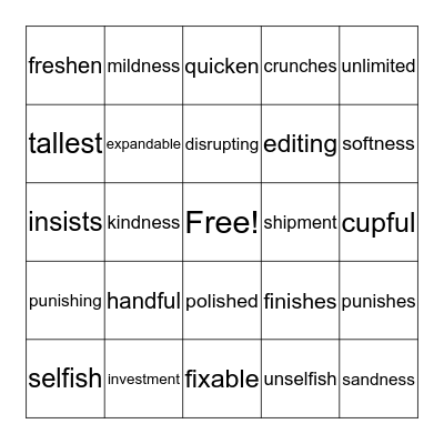 Suffix Bingo Card