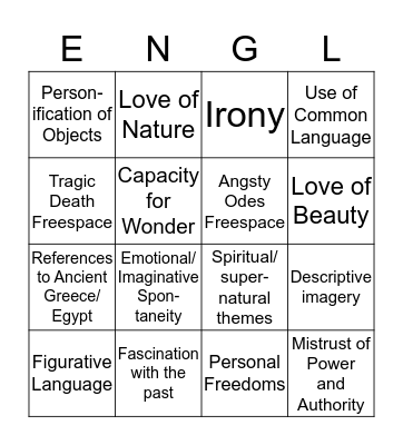 Romantic Poetry Bingo Card