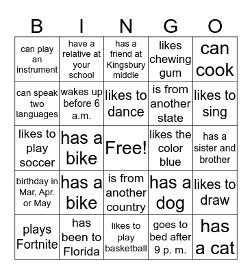 Family Game Night Bingo Card