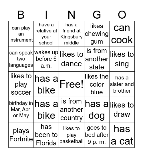 Family Game Night Bingo Card