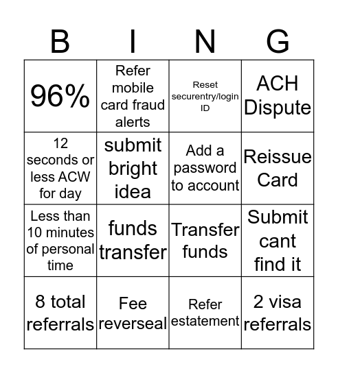 Referral and call type bingo! Bingo Card