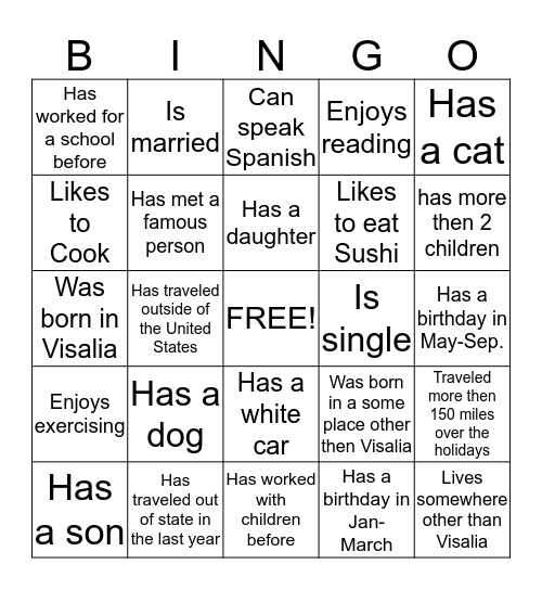 Get Acquainted Bingo Card