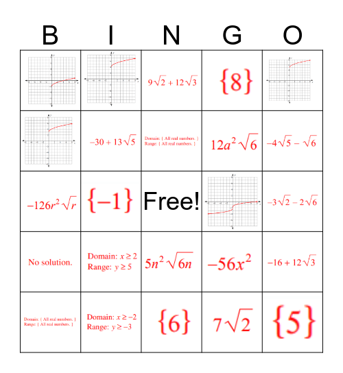 Algebra 2 Bingo Card