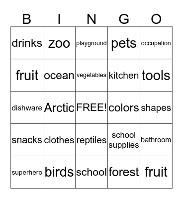 categories Bingo Card