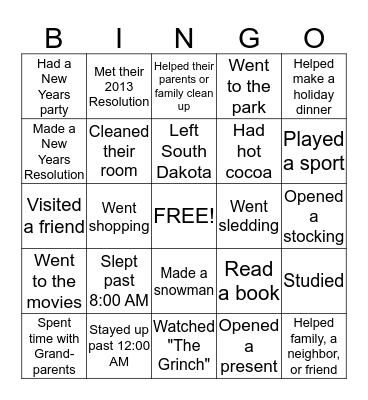 Winter Break BINGO Card