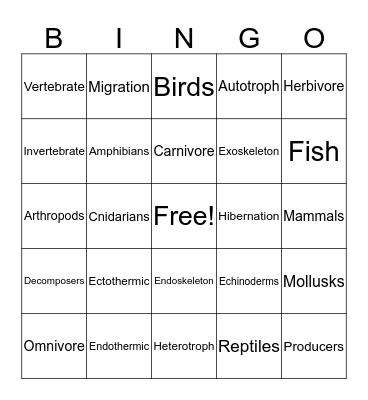 Animals Bingo Card