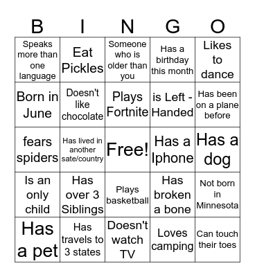 Human Bingo! Bingo Card