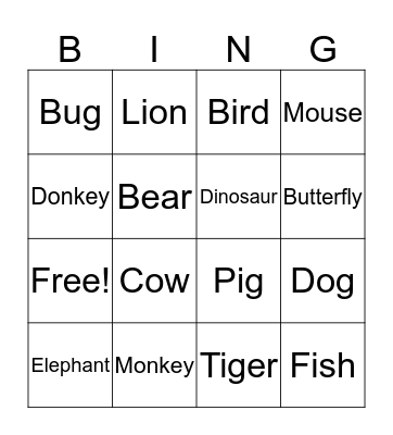 Animal Bingo Card