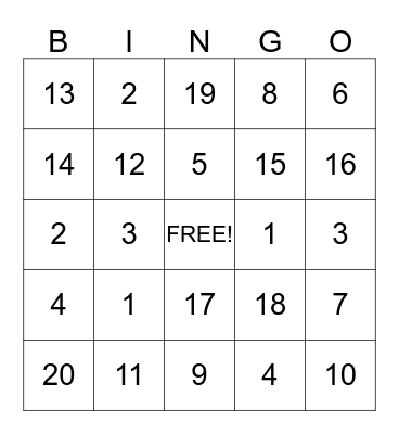 ASL Numbers Bingo Card