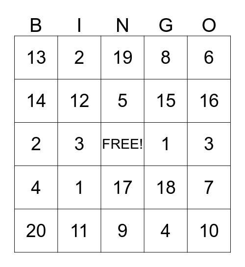 ASL Numbers Bingo Card