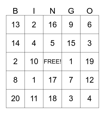 ASL Numbers Bingo Card