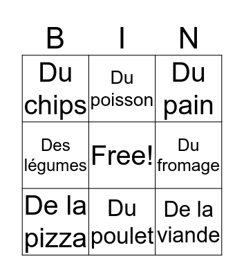 Nouriture Bingo Card