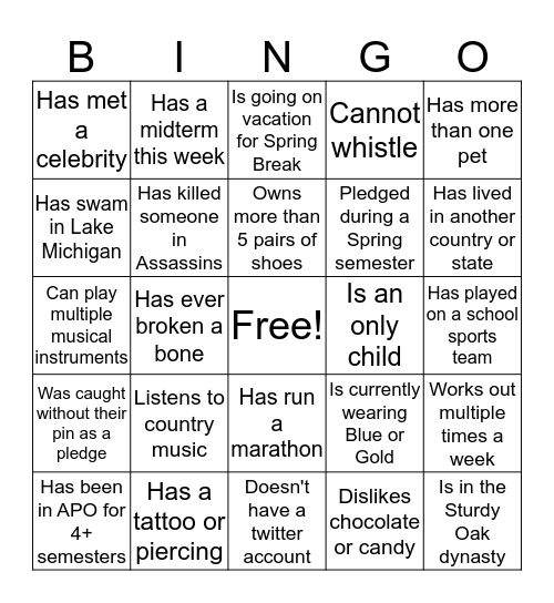 APO BINGO Card