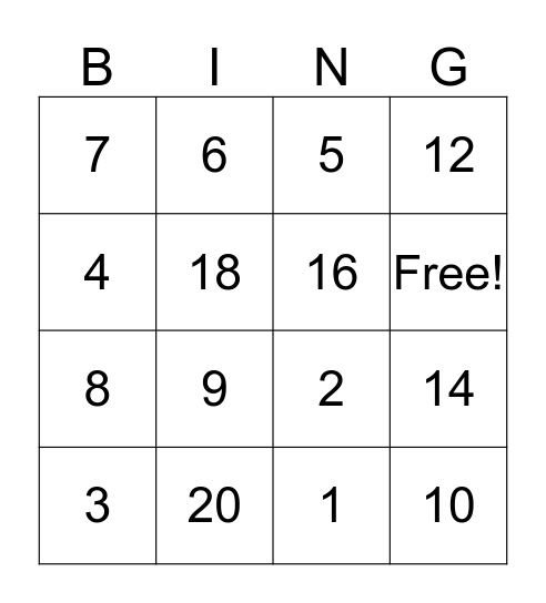 Multiplication Bingo Card