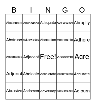 Vocabulary Bingo Card