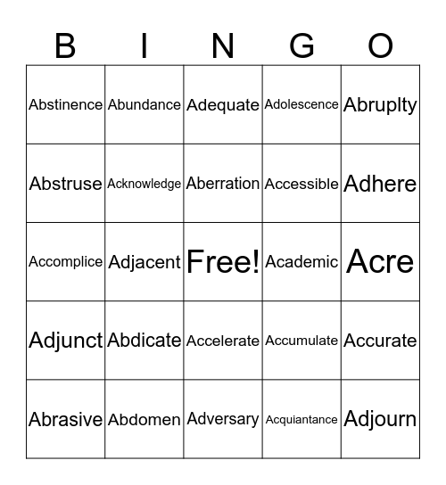 Vocabulary Bingo Card