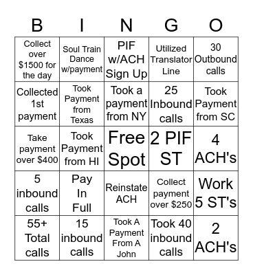 Collections Lingo Bingo Card