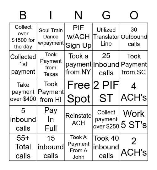 Collections Lingo Bingo Card
