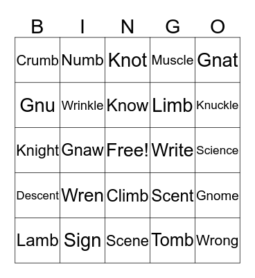 Silent Letter Words Bingo Card