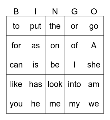 Sight Words Bingo Card