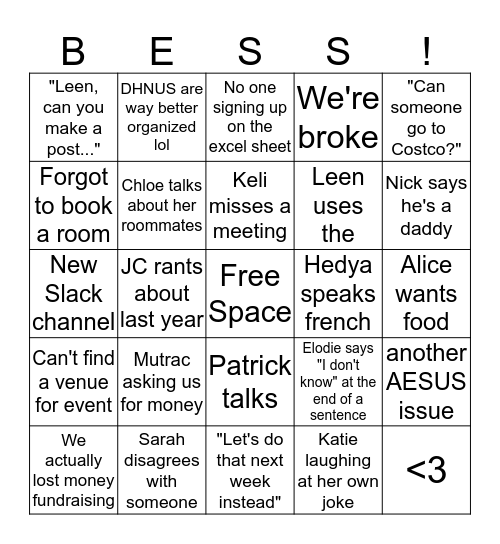 BESS Bingo Card