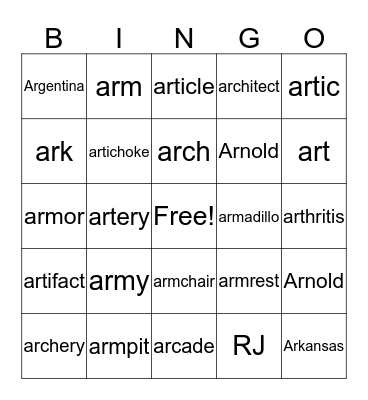 ar- Bingo Card