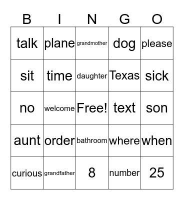 Sign Language Bingo Card