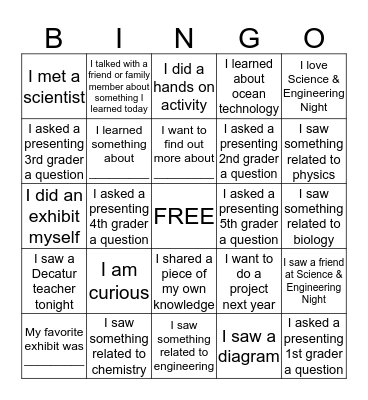 Decatur Science & Engineering Night Bingo Card