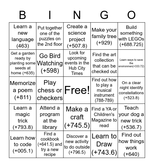 Look Up Activities Bingo Card