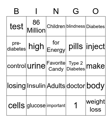 Diabetes Quiz Bingo Card