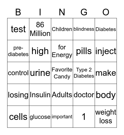 Diabetes Quiz Bingo Card