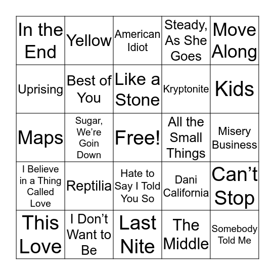 2000s Rock Bingo Card