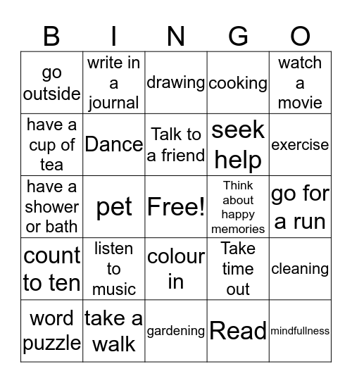 Coping Skills Bingo Card