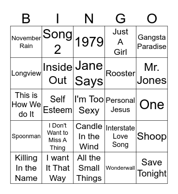 90's Alternative Rock Bingo Card