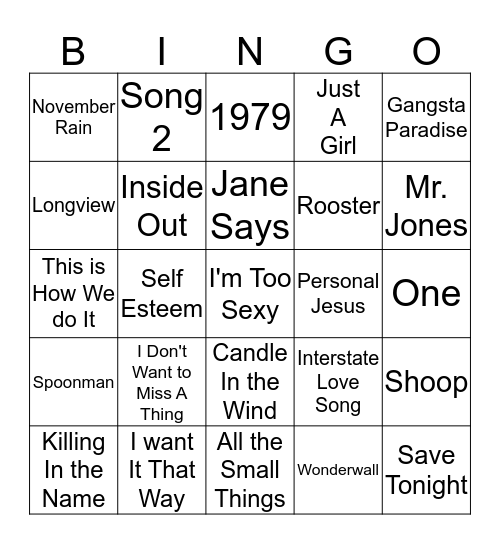 90's Alternative Rock Bingo Card