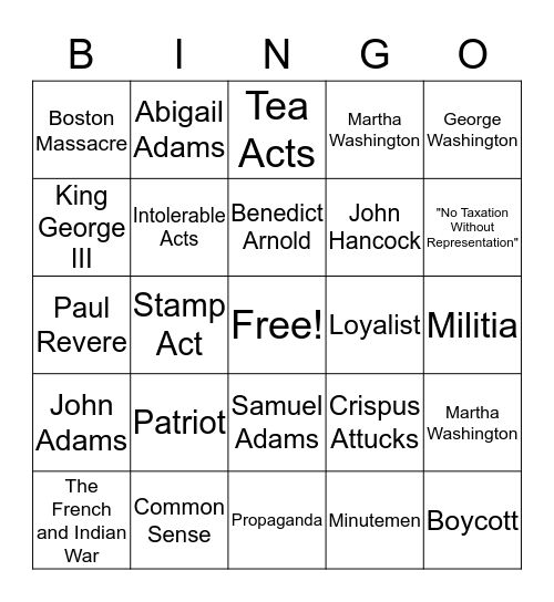 The Road to the Revolution Bingo Card