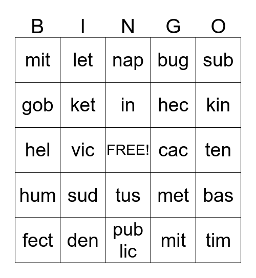 VCCV Words Bingo Card