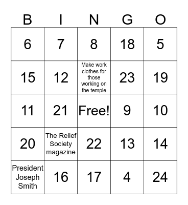 Relief Society Bingo Card