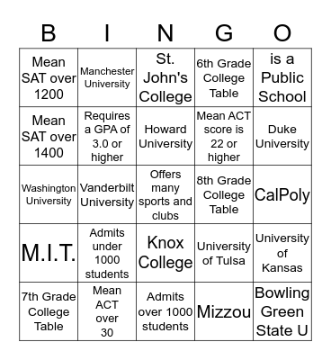 College Fair Bingo! Bingo Card
